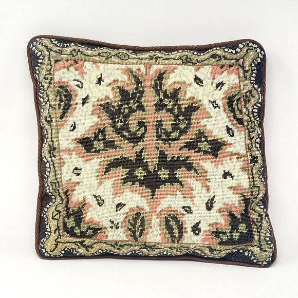 Vintage Needlepoint Pillow Peach Brown Green Leaf Design 13” x 14” - Picture 1 of 5